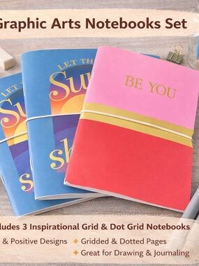 Set of 3 Inspirational Graphic Arts Notebooks Grid Dot Pages